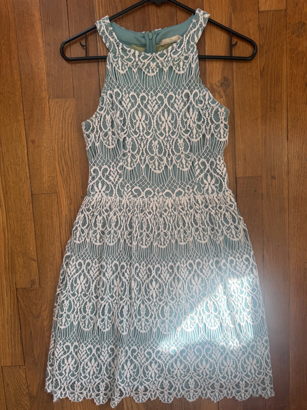 Altar'd State Teal/Sage High Neck Dress with White Lace Overlay XS